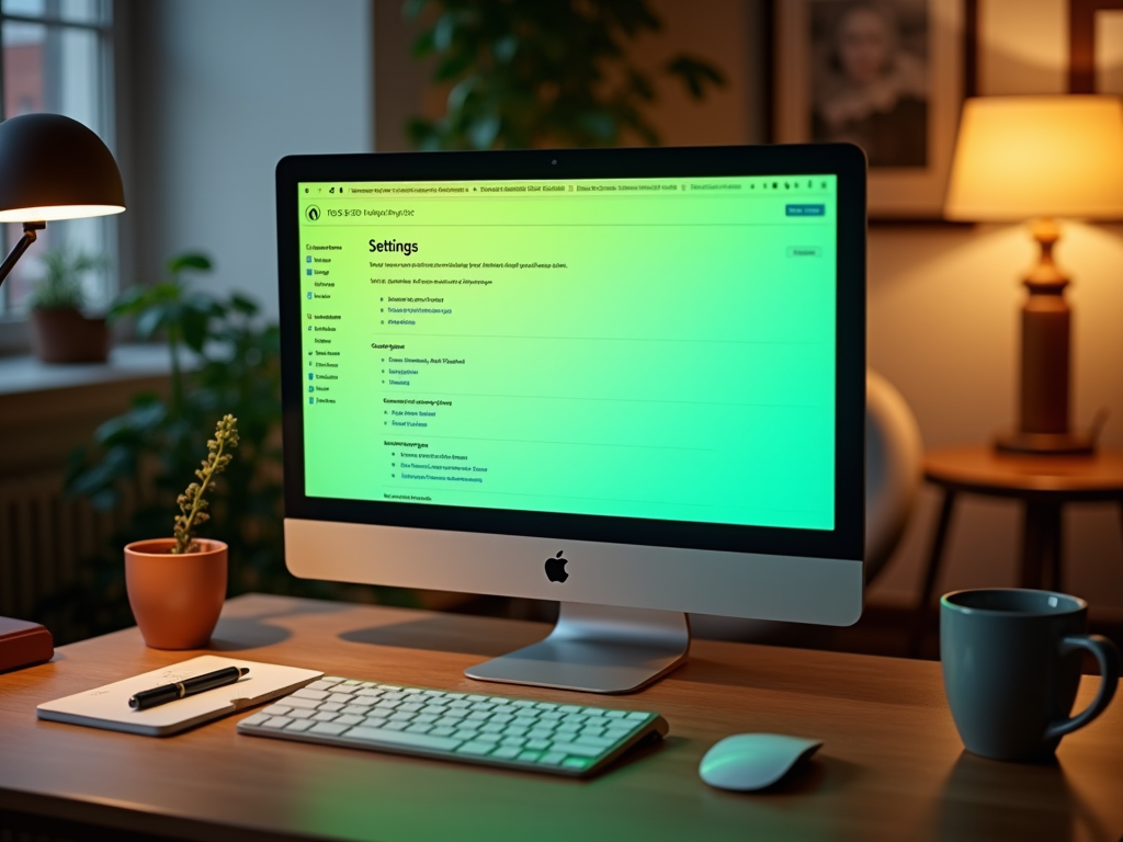 Компьютер iMac на столе с открытыми настройками сайта, рядом чашка и растение.