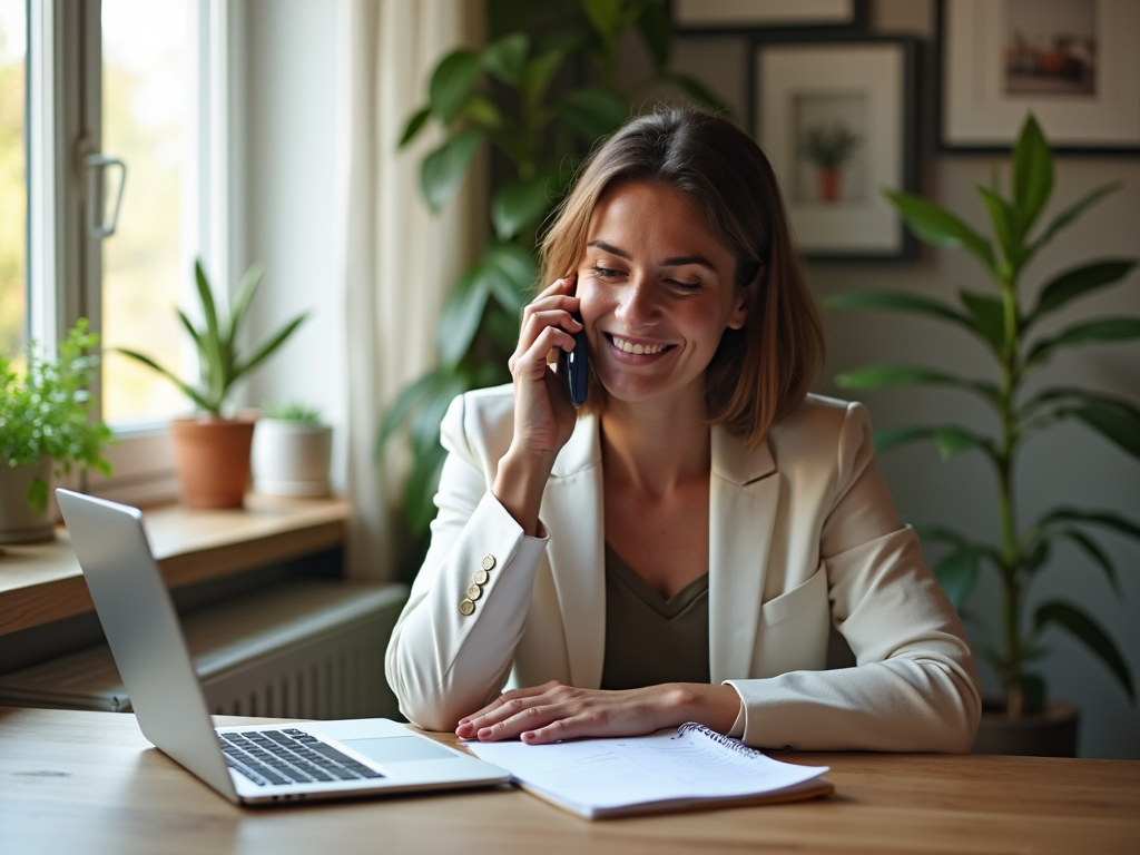 Woman in white blazer talking on phone with laptop open on table, smiling in a plant-filled office.