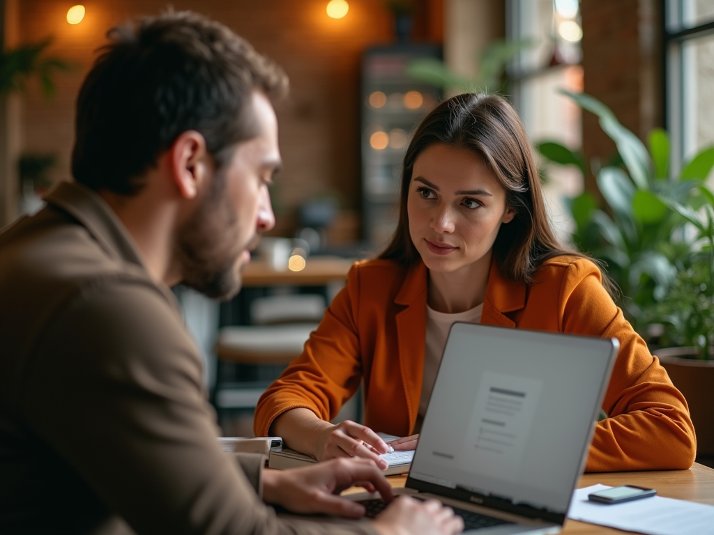 Two professionals discussing work on a laptop in a cozy office setting.