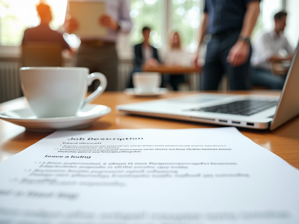 Close-up of a job description document on a table, with a laptop and a coffee cup, blurred background of people in a meeting.