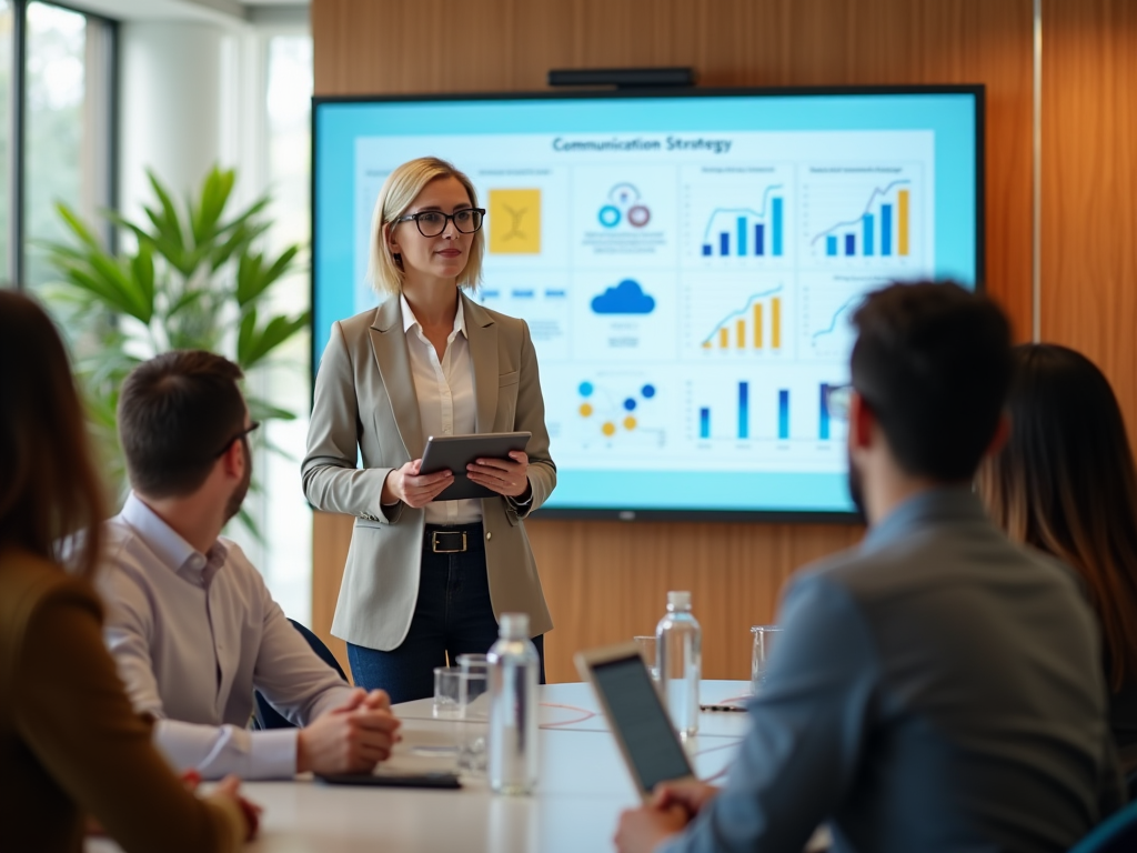 Woman presenting a communication strategy on a screen to colleagues in a meeting room.