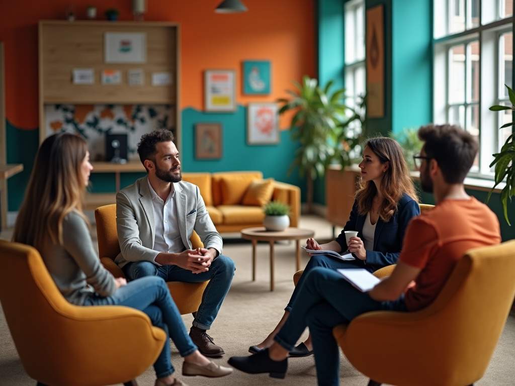 Four professionals engaged in a discussion in a vibrant office lounge with modern decor.