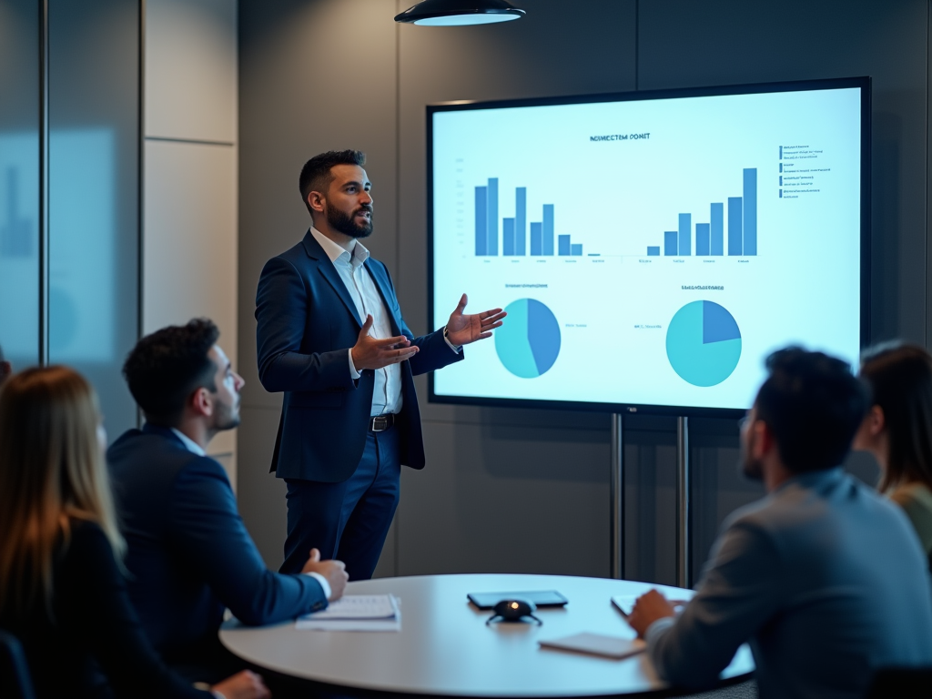 Man presenting business graphs to colleagues in a meeting room.