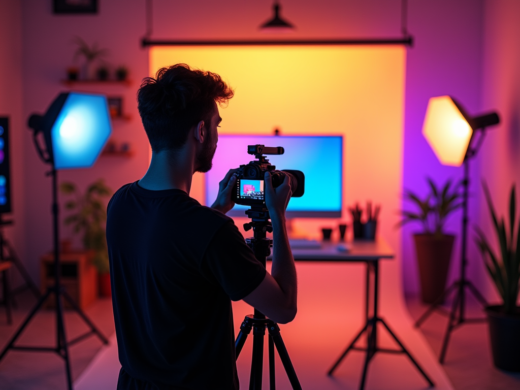 Man operating camera in vibrantly lit studio with colorful lighting and monitors.