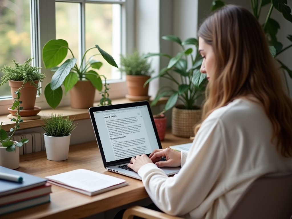 Woman working on laptop amidst indoor plants by a window.