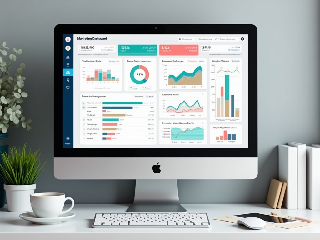 Modern computer desk setup displaying a marketing dashboard with multiple charts and analytics.