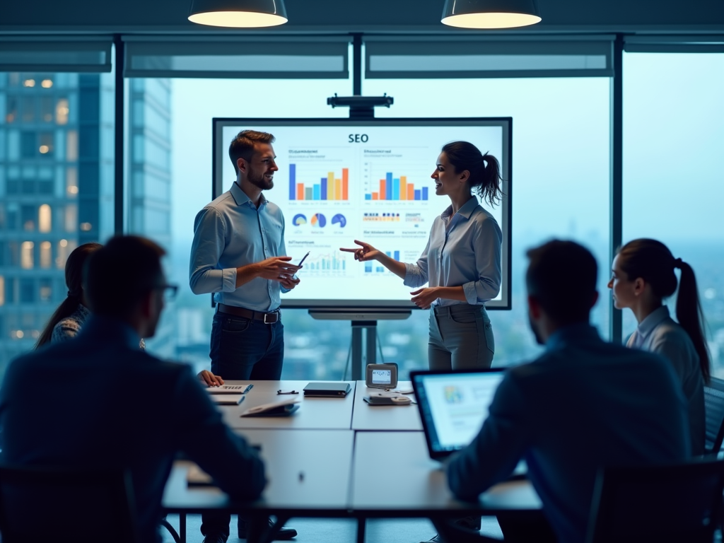 Two professionals discuss SEO strategies by a digital screen in a modern office meeting.