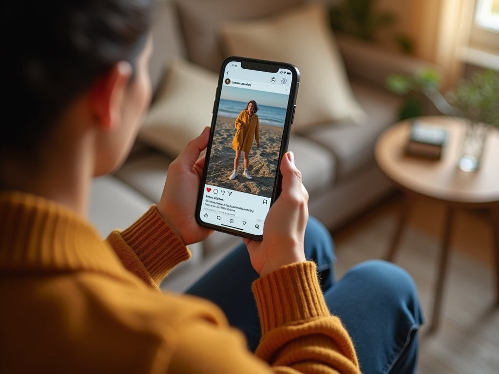 Woman in yellow sweater viewing a beach photo on her smartphone in a cozy room.