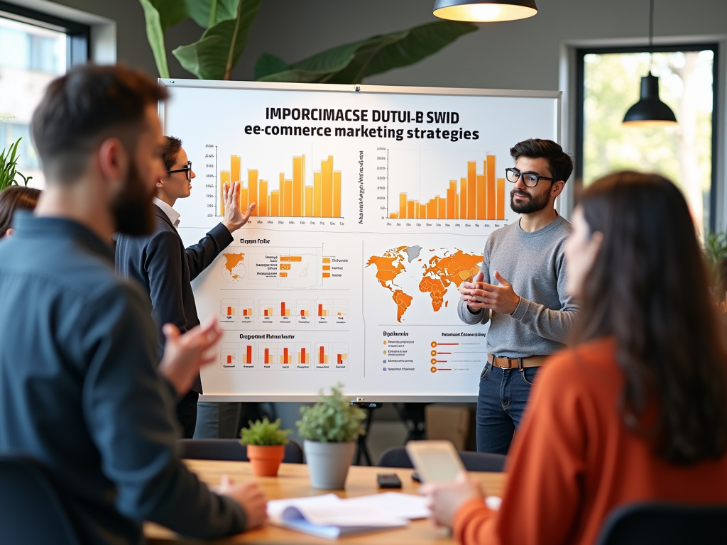 Business professionals discussing e-commerce marketing strategies in a meeting room with charts.