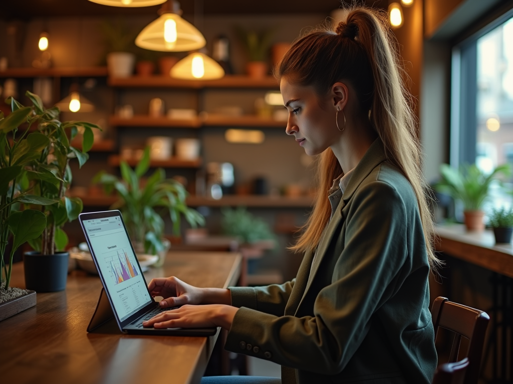 Woman in green blazer working on laptop in a cozy café setting.