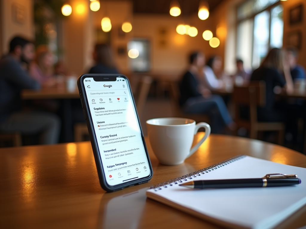 Smartphone displaying news on a table, with a notebook, pen, coffee cup, and blurred people in the background.