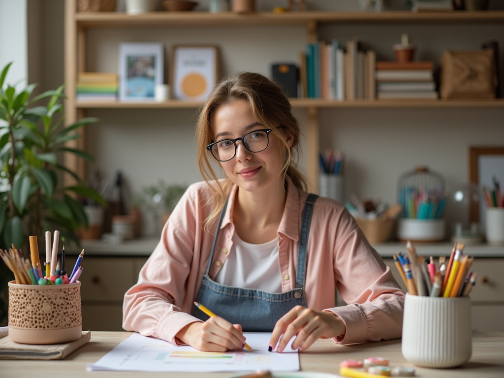 A young woman with glasses smiles while drawing at a desk surrounded by art supplies and plants.