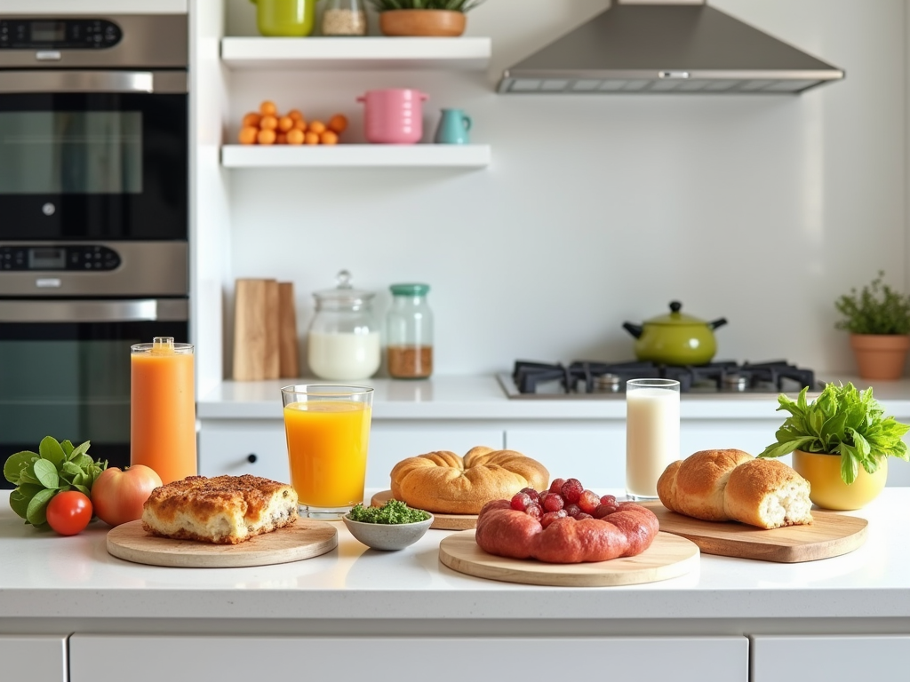 A bright kitchen counter displays various breads, salads, juices, and a bowl of greens, creating a fresh breakfast scene.