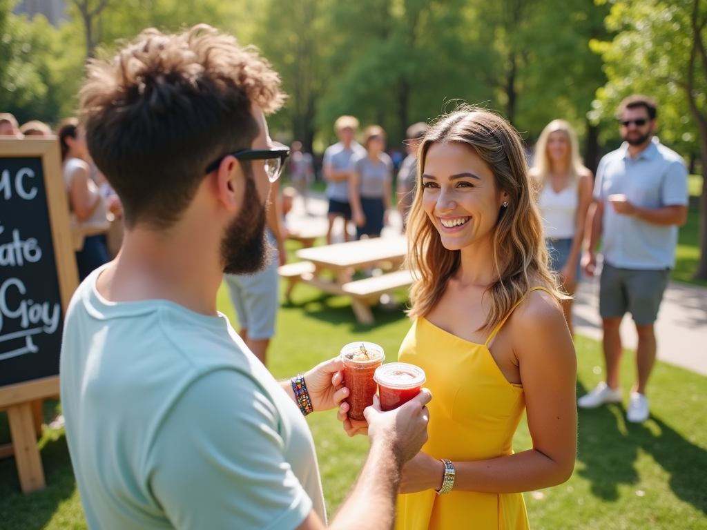 A man and woman smile at each other, holding drinks, in a sunny park filled with people enjoying a gathering.