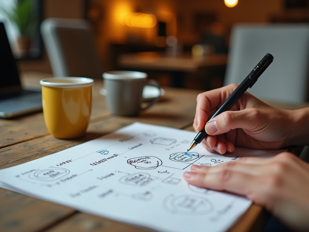 A person writes on a notepad with sketches while two cups sit nearby, with a laptop in the background.