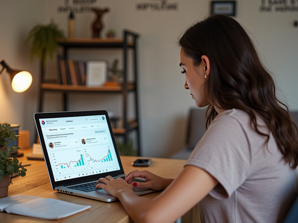 A woman is analyzing data on a laptop, surrounded by a cozy workspace with plants and bookshelves.