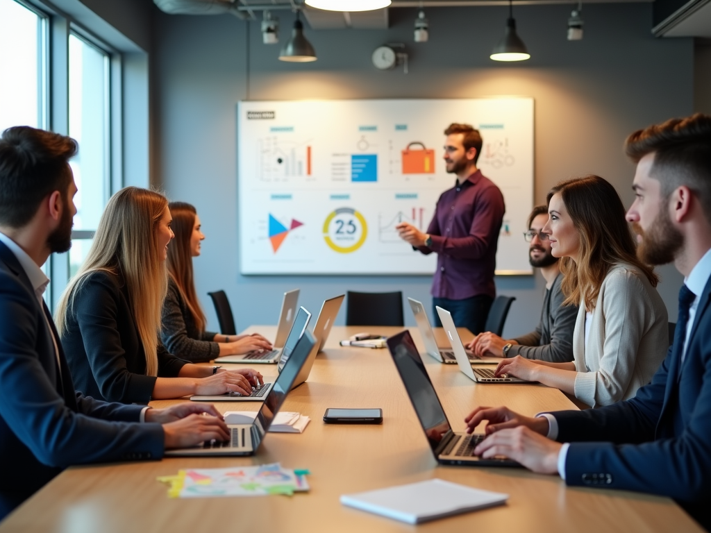 A group of professionals at a conference room table engaged in a presentation with laptops and charts on the wall.