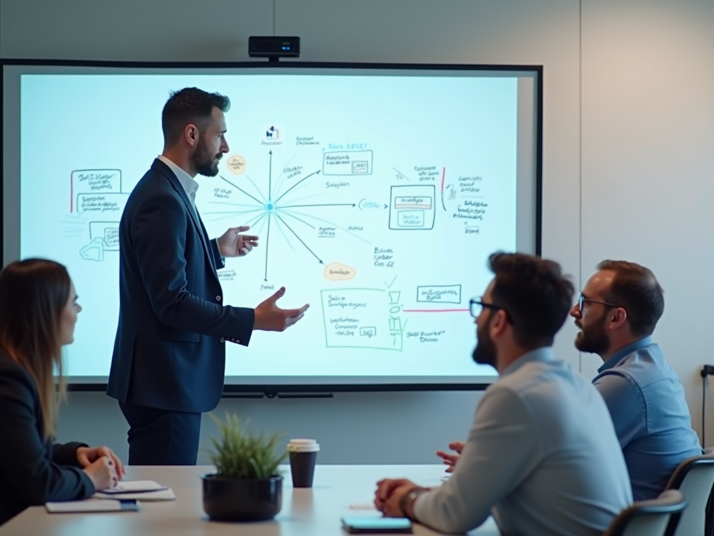 A businessman presents ideas on a screen to three colleagues during a meeting in a modern office setting.