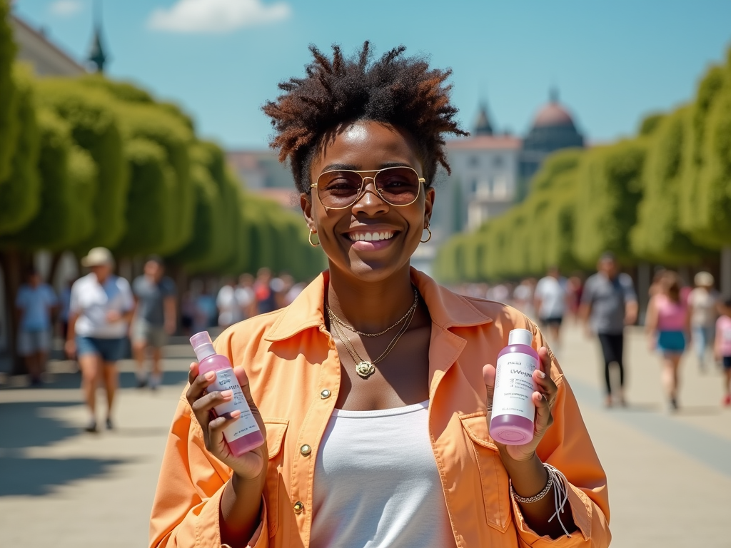 A smiling woman holds two bottles of skincare products, wearing sunglasses in a sunny park filled with people.