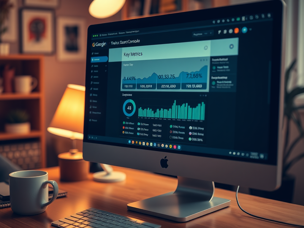 A desktop computer displays the Google Search Console dashboard with key metrics and analytics graphs.