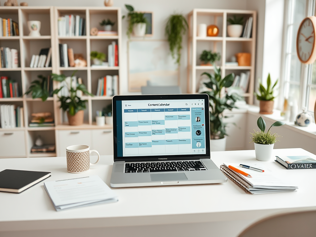 A laptop displaying a content calendar, with a mug, notebooks, and plants on a bright desk in a cozy workspace.