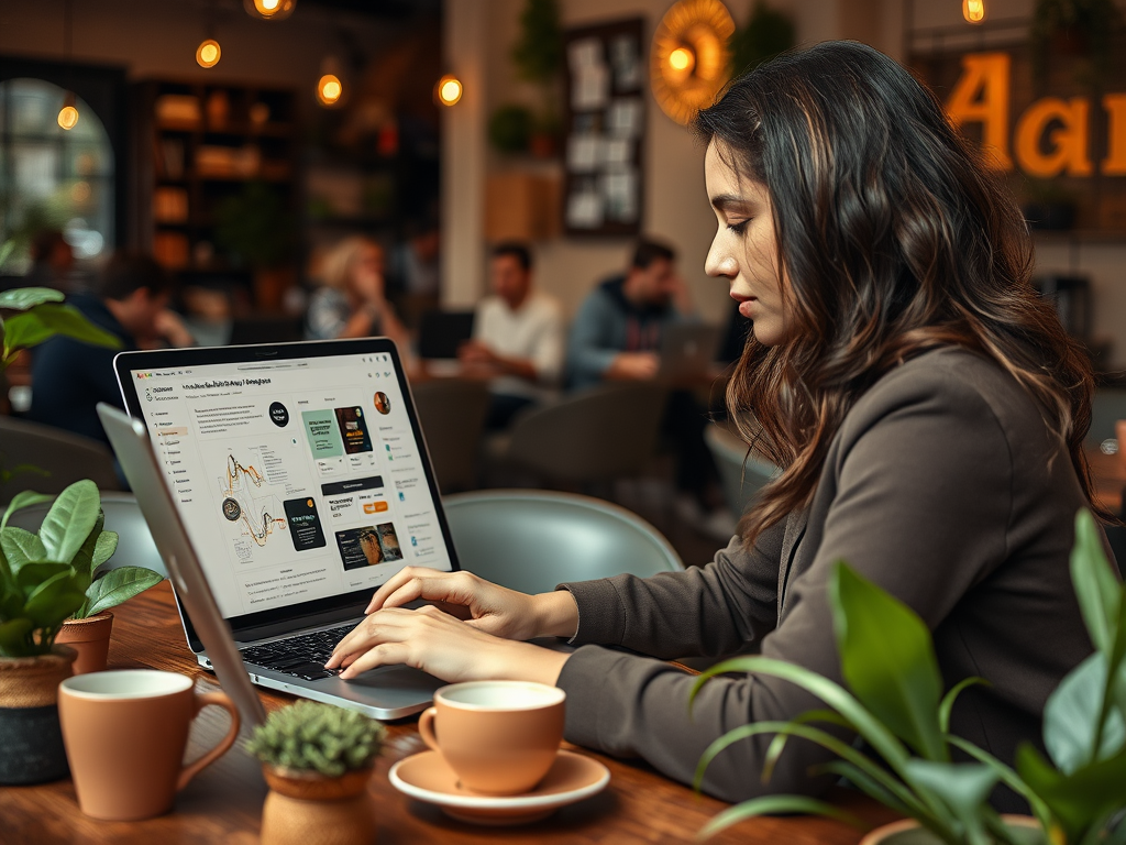 A woman works on a laptop in a café, surrounded by plants and coffee cups, focused on digital content.