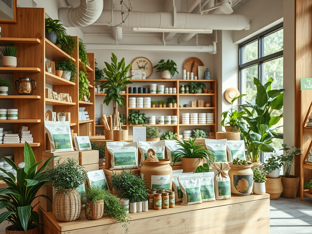 A bright, airy shop filled with green plants and wooden shelves displaying herbal products and natural items.