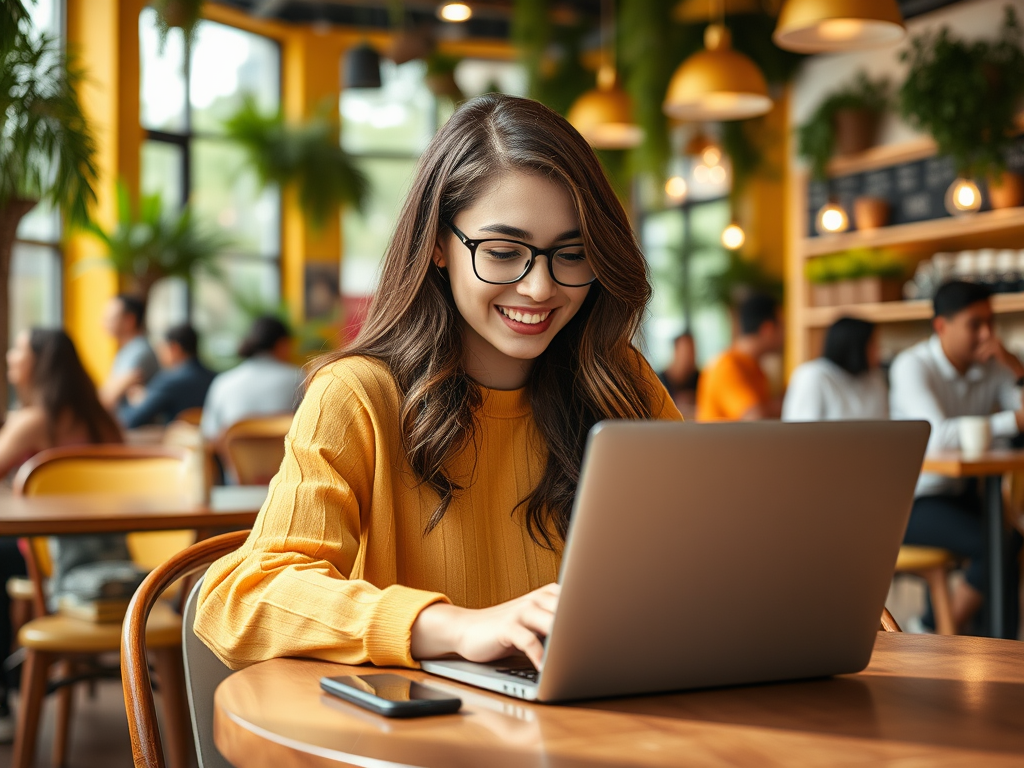 A young woman with long hair and glasses smiles while working on a laptop in a lively café filled with greenery.