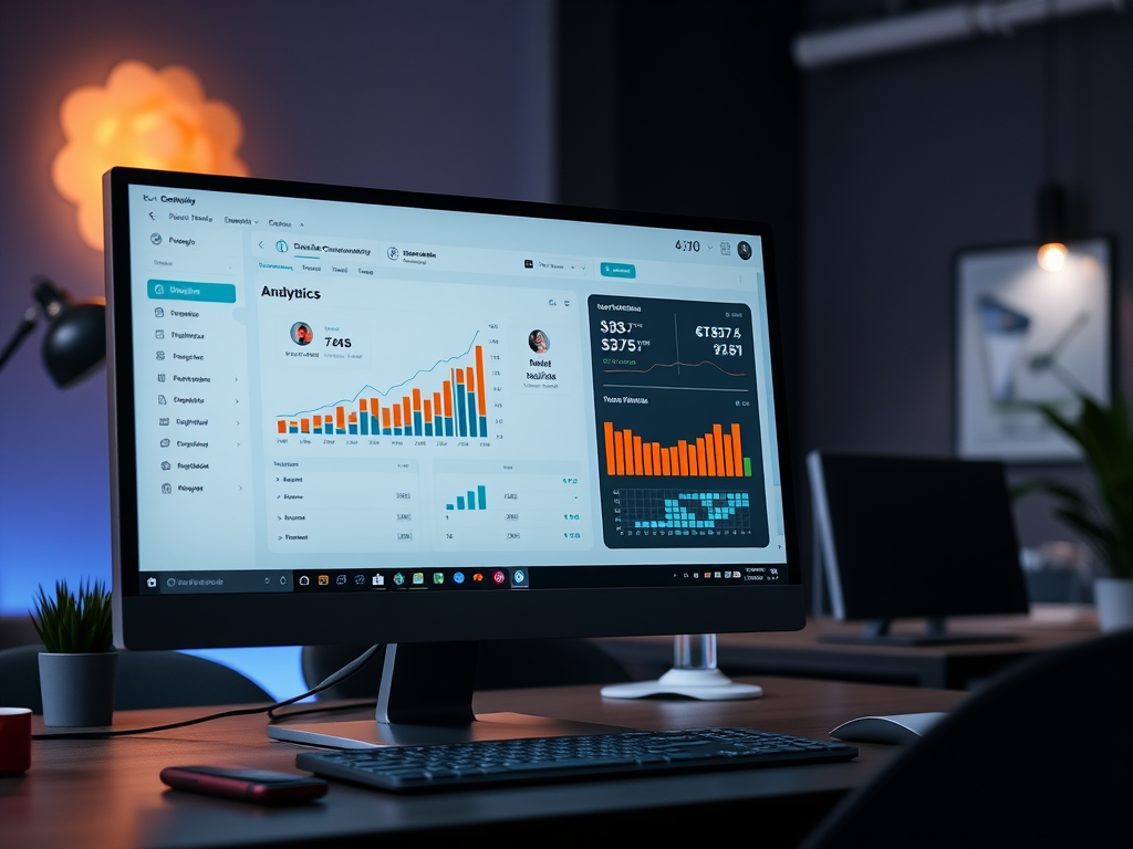 A computer screen displays analytics with colorful graphs and charts in a modern office setting.