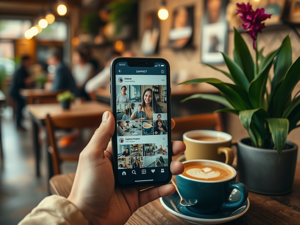 A hand holds a smartphone displaying social media photos, with cups of coffee and a green plant on a table in a café.