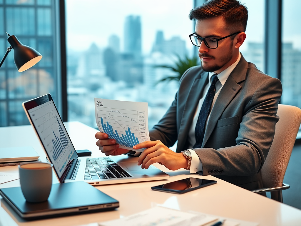 A businessman in a suit analyzes data charts on a laptop, holding a paper with graphs in a modern office.