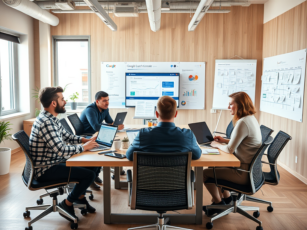 A diverse group of professionals collaborates in a modern meeting room with laptops and a large screen displaying data.