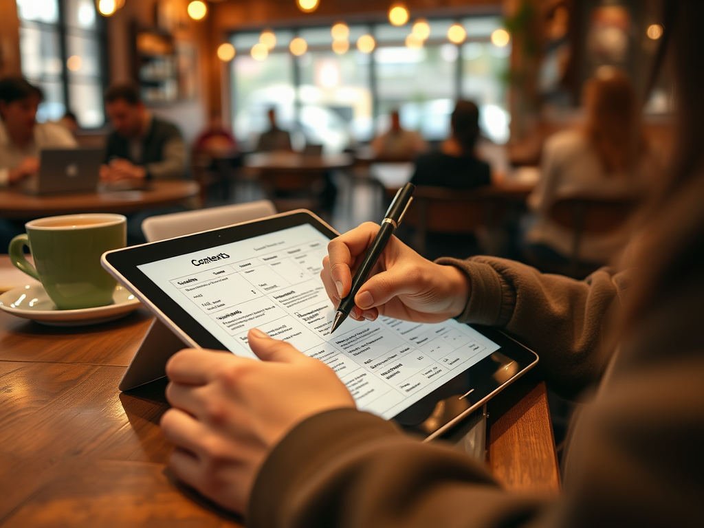 A person using a tablet in a café, taking notes on a digital document, with a cup of coffee nearby.