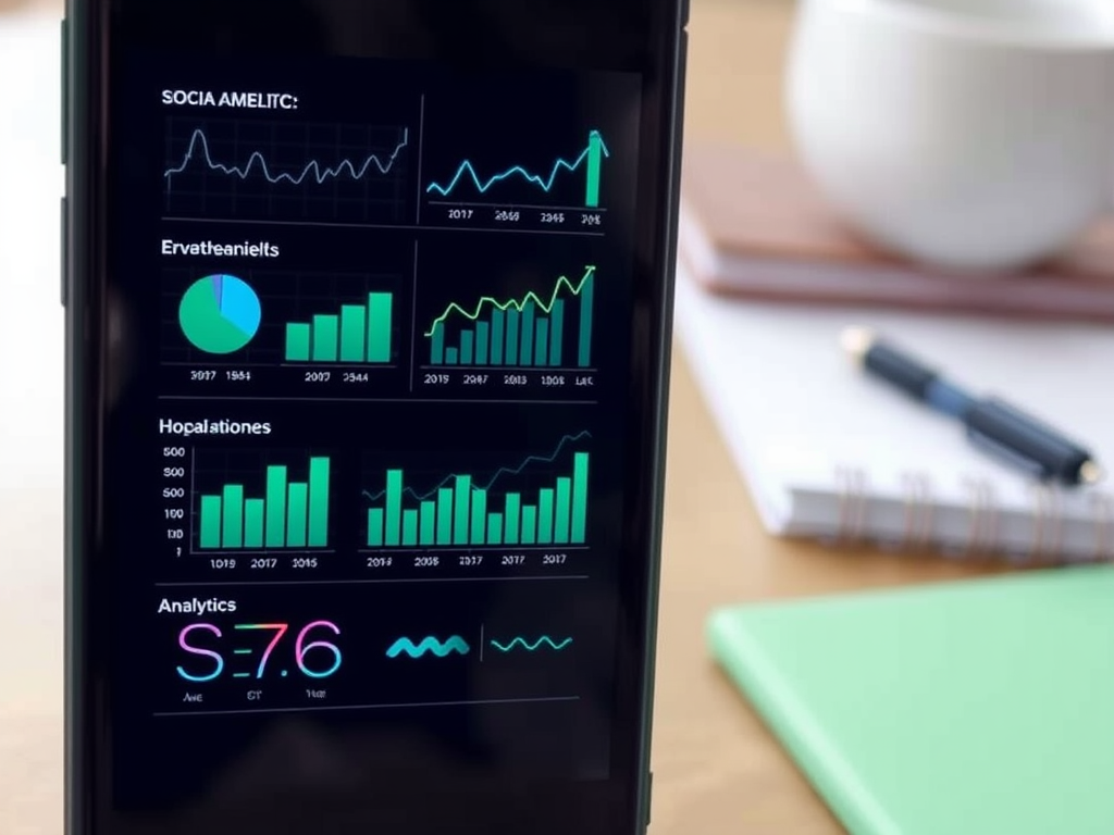 A smartphone displaying various graphs and analytics on a desk with stationery items in the background.