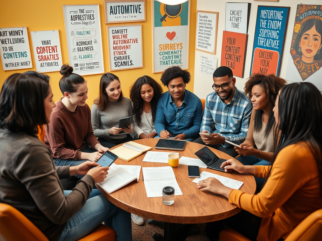 A group of diverse individuals collaborates at a table, using digital devices and discussing content creation.