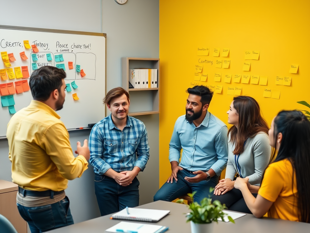 A group of five coworkers discuss ideas in a bright meeting room with sticky notes on the walls and a whiteboard.