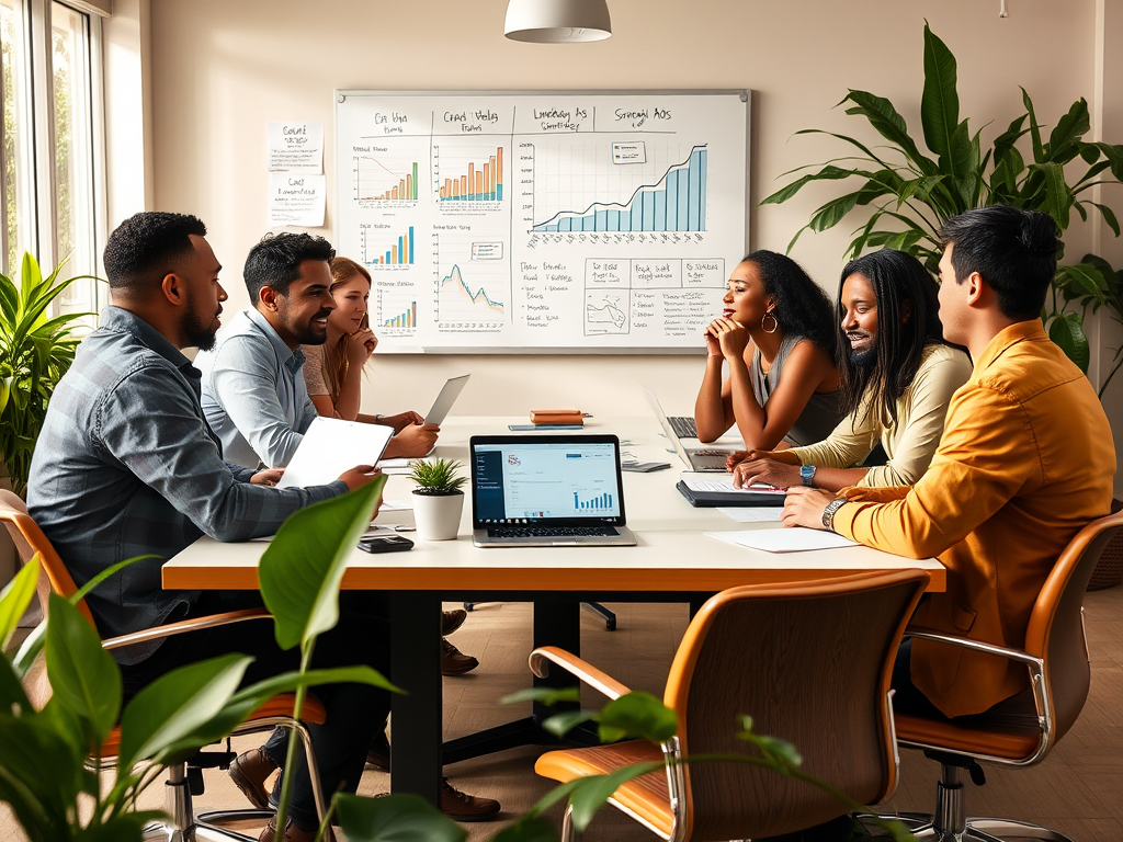 A diverse group of professionals in a meeting room discussing charts and strategies, with laptops and plants around.