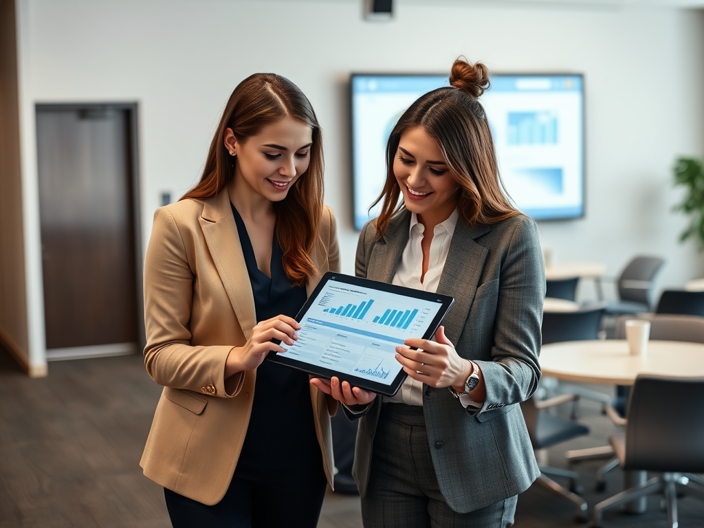 Two businesswomen closely examine data charts on a tablet in a modern office setting.