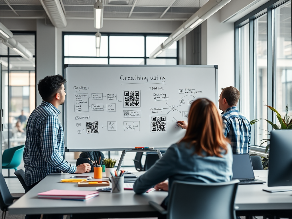 A team collaborates in a modern office, discussing ideas on a whiteboard filled with diagrams and QR codes.