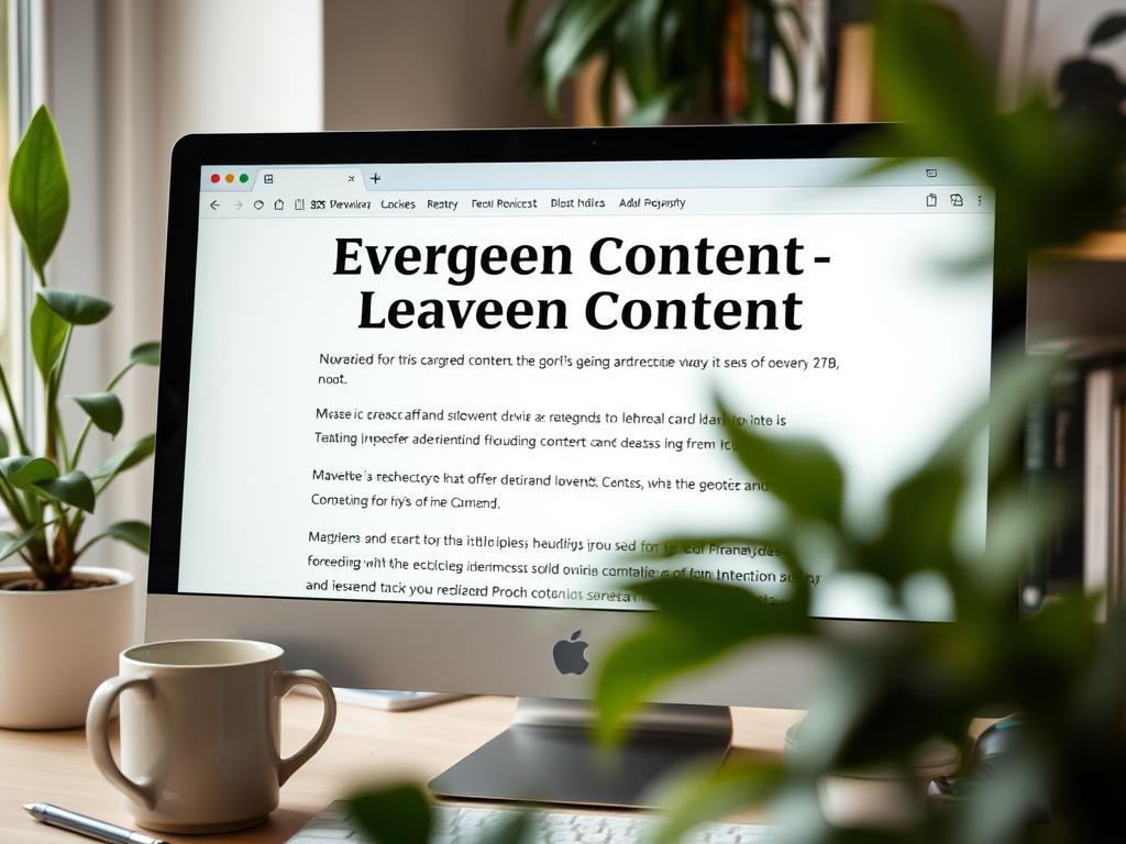 A computer monitor displaying text titled "Evergreen Content - Leaveen Content" amidst indoor plants and a mug.