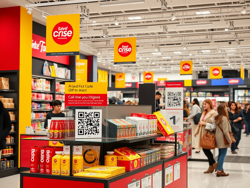 A vibrant store interior with shoppers browsing shelves filled with products and promotional signs overhead.