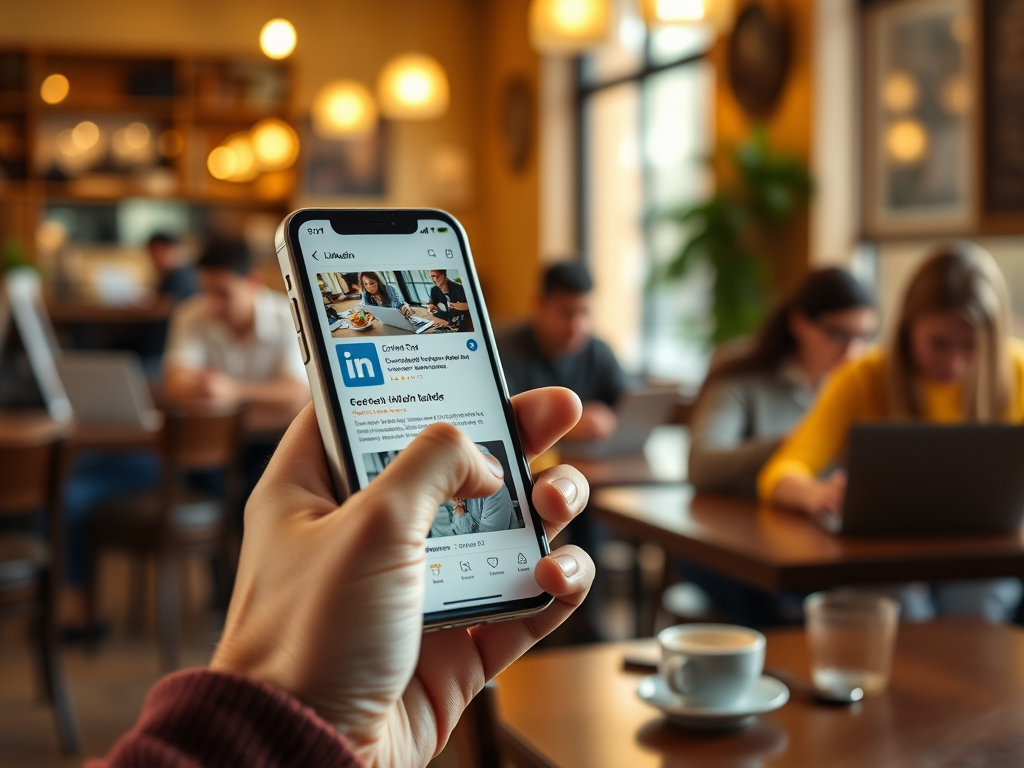A person holding a smartphone displaying LinkedIn in a café with others working on laptops in the background.