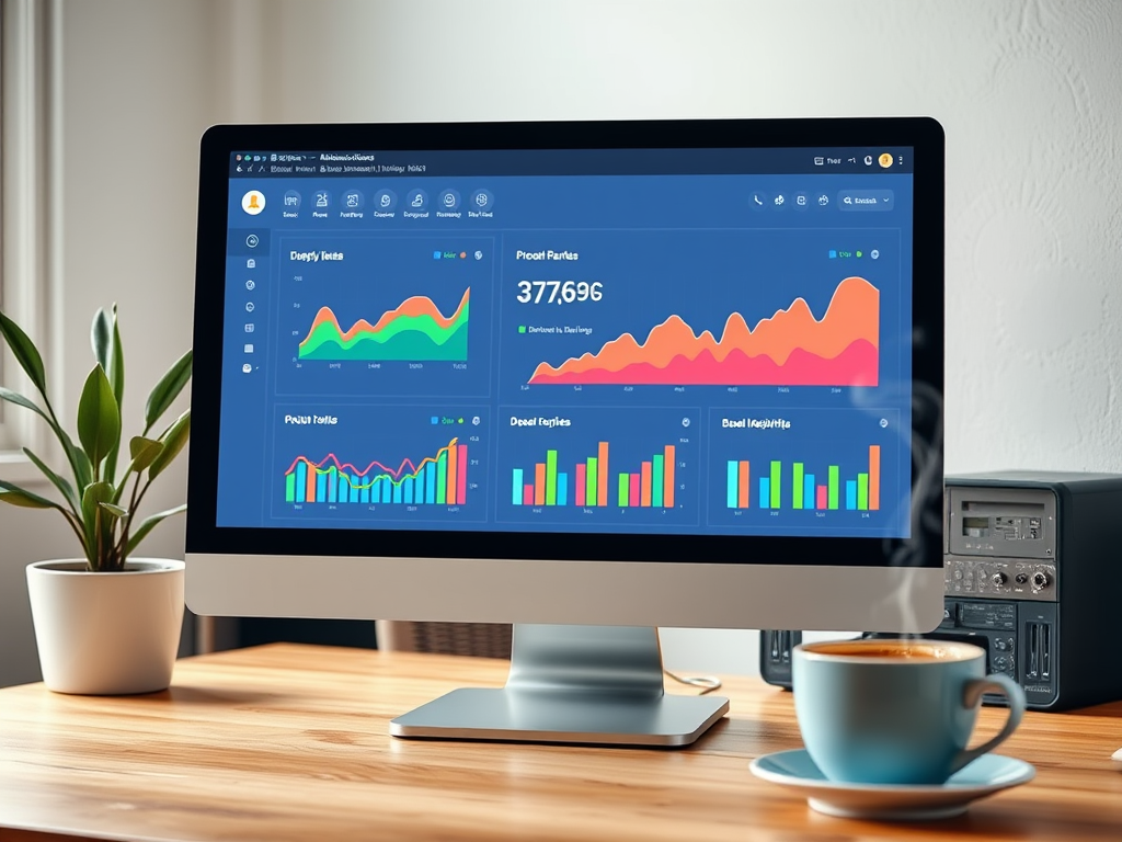 A computer monitor displaying financial graphs and analytics with a cup of coffee beside it on a desk.