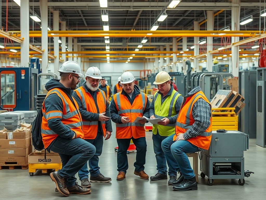 Six workers in safety vests and helmets discuss plans in a busy industrial setting with machinery in the background.