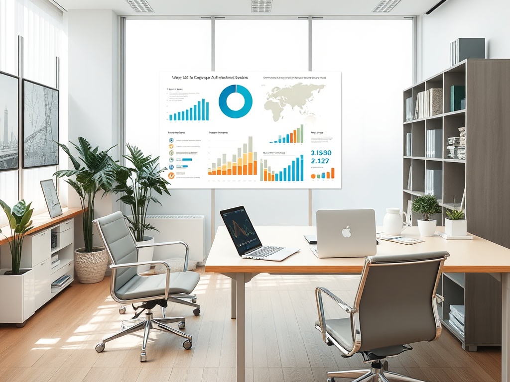 A modern office with two chairs, plants, a desk with laptops, and an infographic displayed on the wall.
