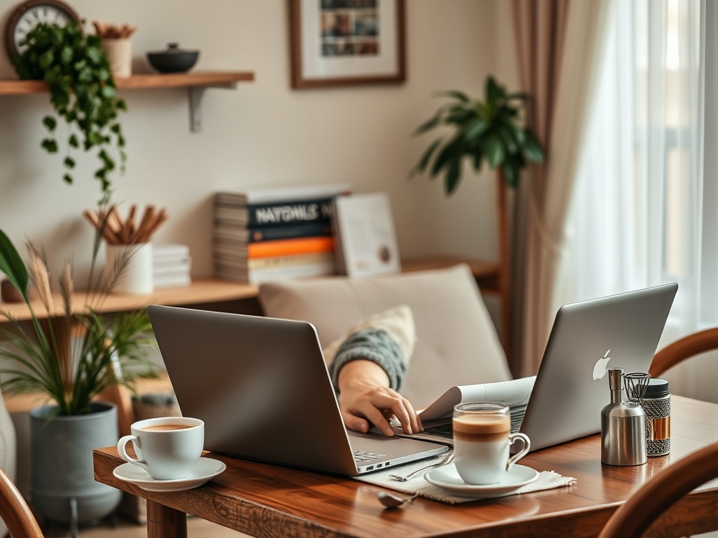 A cozy workspace with two laptops, a coffee cup, and a potted plant, creating a relaxing atmosphere.
