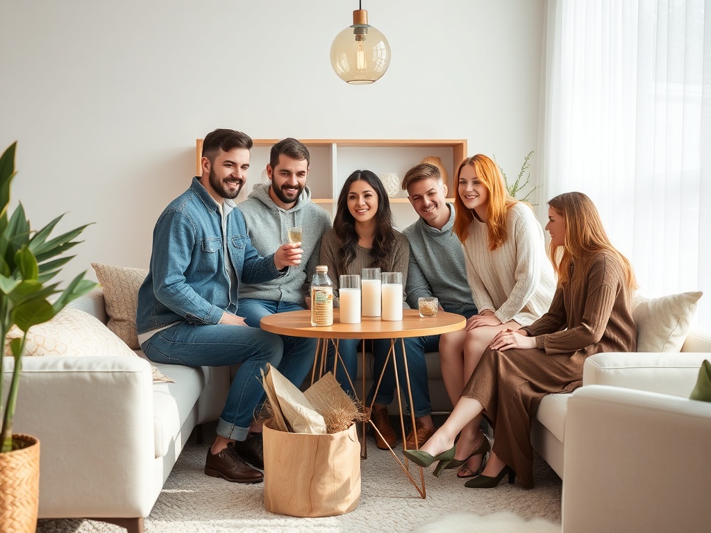 A group of six friends sits around a table, smiling and enjoying drinks in a cozy, well-lit living room.
