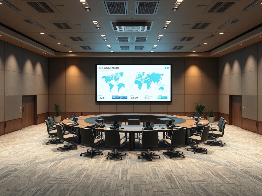 A spacious conference room with a large screen displaying a world map, surrounded by a circular table and chairs.