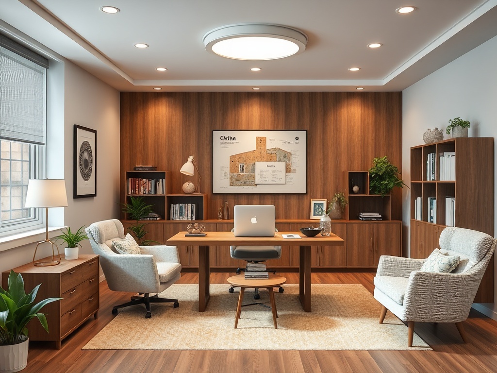 A modern office with wooden walls, a large desk, comfortable chairs, plants, and a map on display.
