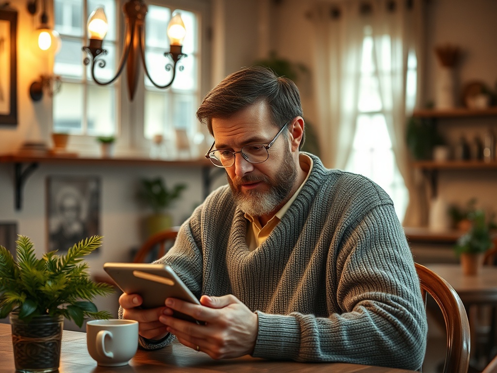 A man in a cozy sweater sits at a wooden table, focused on his tablet, with a cup and plant nearby.